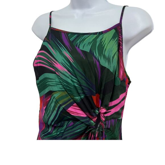Farm Rio Midnight Leaves Tank Midi Dress Green Pink Tropical Cut Out Tie Waist M - Picture 7 of 14